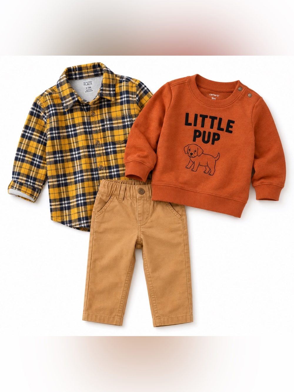 Carter's Baby Boy 9M 3 Piece Fall Outfit Plaid Shirt Little Pup Pants